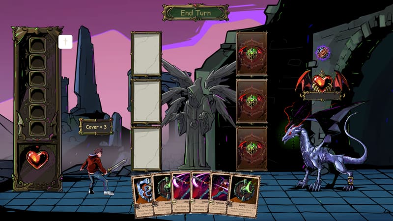 Combat scene: the hero faces a pale elemental dragon across three card slots, holding a hand of cards including Strike, Shield, and Forward Thrust
