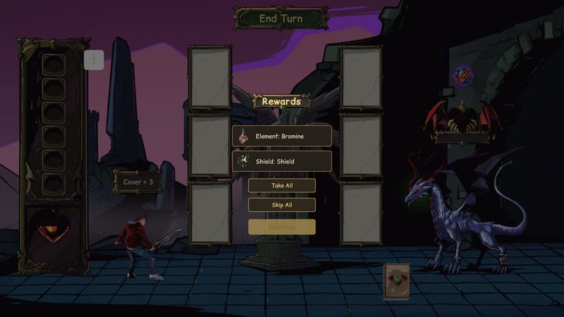 Rewards screen offering the element Bromine and a Shield, with Take All and Skip All buttons