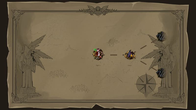 Overworld map drawn on parchment, showing a fight node, a camp node, and two branching fight nodes ahead