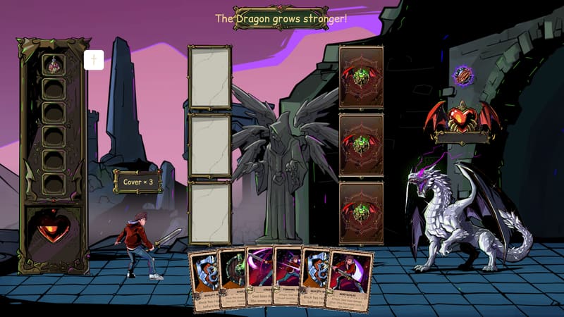 The dragon roars beside its filled card slots under the banner The Dragon grows stronger, while the hero holds a hand including the Mortschlag card