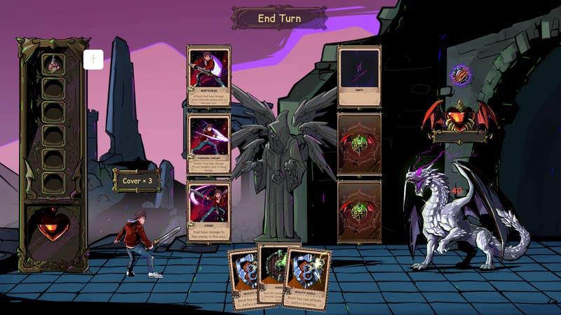 A committed turn resolving: Mortschlag, Forward Thrust, and Strike cards in the player slots, an enemy slot revealed empty, and the dragon taking 40 damage